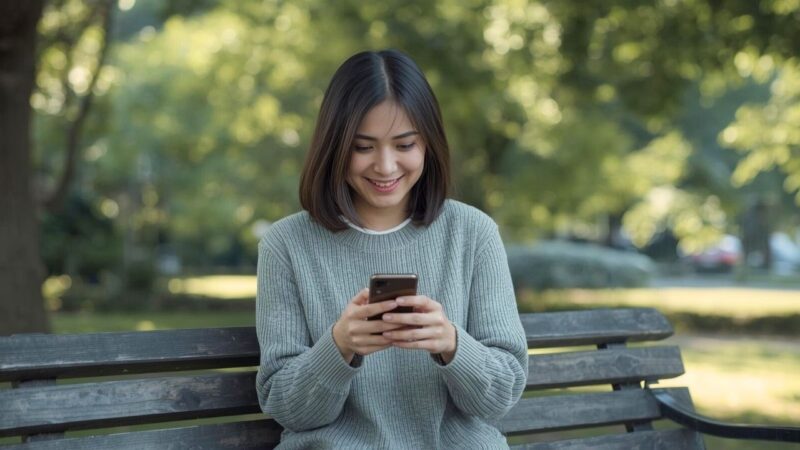 公園のベンチに座り、婚活・マッチングアプリで男性の自己紹介文を見て笑顔になる女性|新しい自分へ