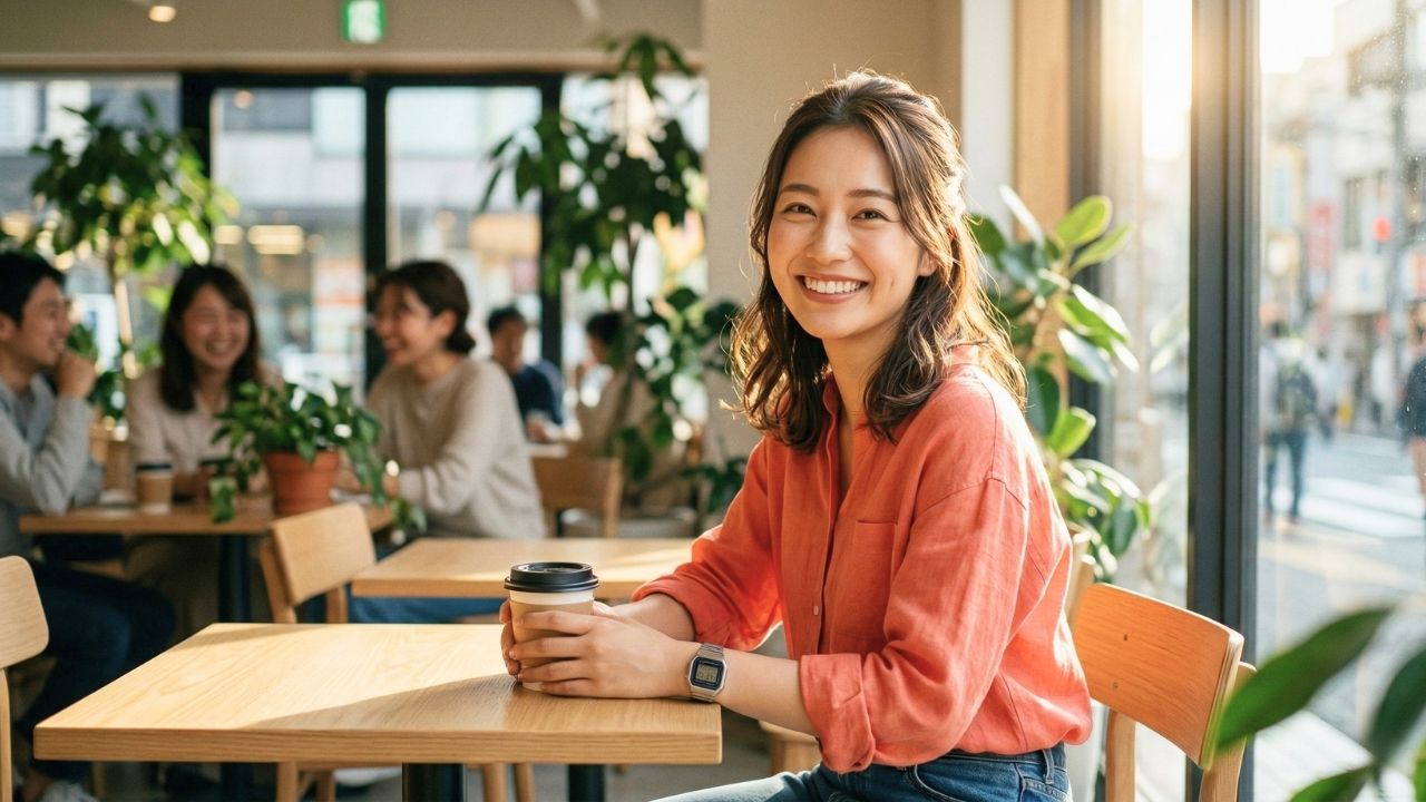 Gemini の回答
明るいカフェで、木のテーブルに座り、コーヒーカップを持って満面の笑みを浮かべる20代のシングルマザー。コーラルピンクのシャツを着用しており、背景には他の客や観葉植物、窓から差し込む温かい夕日が見える。