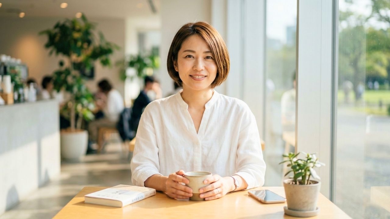 カフェで微笑む30代のシングルマザー。白いシャツを着て、コーヒーカップを両手で持ち、木のテーブルに座っています。テーブルには本、小さな多肉植物、スマートフォンがあります。大きな窓から入る太陽光が温かい雰囲気を作り出し、外には公園の緑が見えます。自然で清潔感があり、信頼感を与える写真です。
