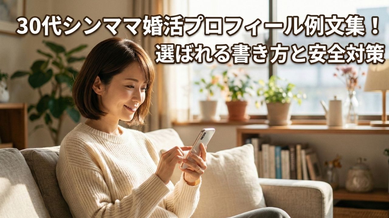 30代のシングルマザーが自宅のリビングルームでソファに座り、スマートフォンを操作している。彼女は笑顔で画面を見ている。背景には窓、観葉植物、本棚があり、暖かく居心地の良い雰囲気を醸し出している。画像上部には、「30代シンママ婚活プロフィール例文集！選ばれる書き方と安全対策」という白い日本語のテキストが表示されている。