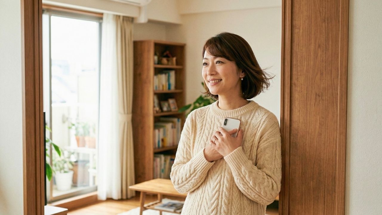 40代シングルマザーが、クリーム色のセーターを着て、日当たりの良いリビングルームの入口付近に立っている。彼女はスマートフォンを両手で優しく胸元に持ち、自然光に照らされたショートボブヘアをなびかせながら、穏やかで心温まる笑顔で遠く(未来)を見つめている。彼女の表情は、婚活を終えて穏やかな未来を掴んだ確信と、自信に満ちている。背景には温かみのある木製家具、本棚、そしてバルコニーに続く大きな窓が見える。自然なフィルムグレイン。