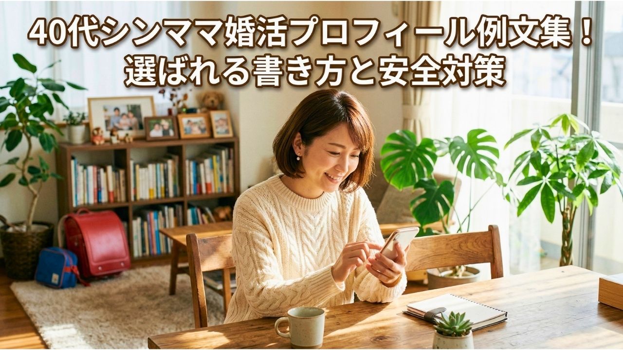 日当たりの良いリビングルームで、クリーム色のセーターを着た、40代シングルマザーが、木製の食卓に座ってスマートフォンを操作し、穏やかに微笑んでいる。彼女はスマートフォンを手に持ち、画面を見つめている。自然光が彼女のショートボブヘアを照らしている。背景には観葉植物、本棚、そして遠くにランドセルが見え、シングルマザーの温かい家庭の雰囲気を醸し出している。画像上部（上端に行きすぎない位置）には、白く大胆で親しみやすい日本語フォントで「40代シンママ婚活プロフィール例文集！選ばれる書き方と安全対策」というテキストが、視認性の高いフチとドロップシャドウ付きで表示されている。