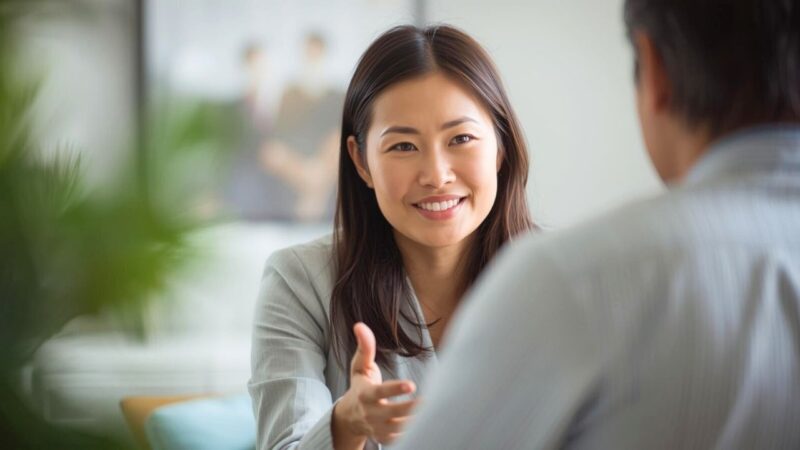 結婚相談所についてわかりやすく丁寧に説明するカウンセラー｜新しい自分へ