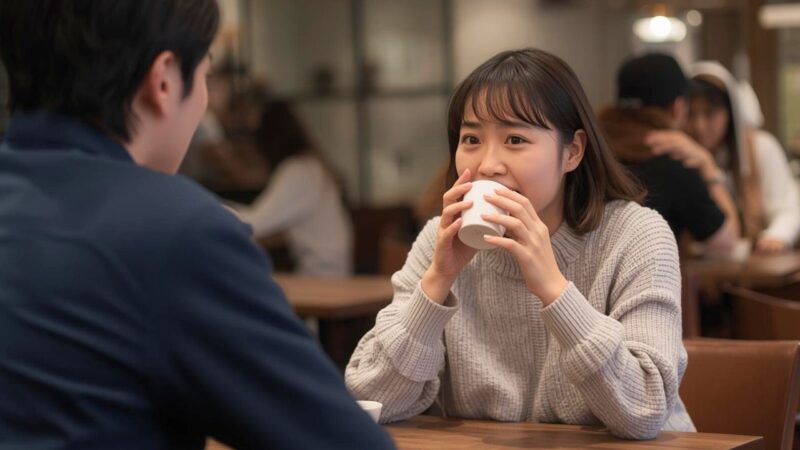 婚活初デートで沈黙に耐えられず一人でベラベラと話してしまい、恥ずかしくなってコーヒーを飲む20代女性｜新しい自分へ