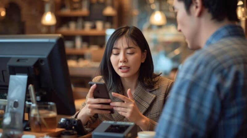 会計でこっそりクーポンを提示したがスマホの画面がフリーズし焦っている女性。必死で再起動している横で、男性が「僕、払いますよ…」と呆れ顔｜新しい自分へ