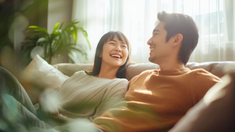 昔の恥ずかしい失敗話をしながら幸せそうに笑い合う30代夫婦｜新しい自分へ