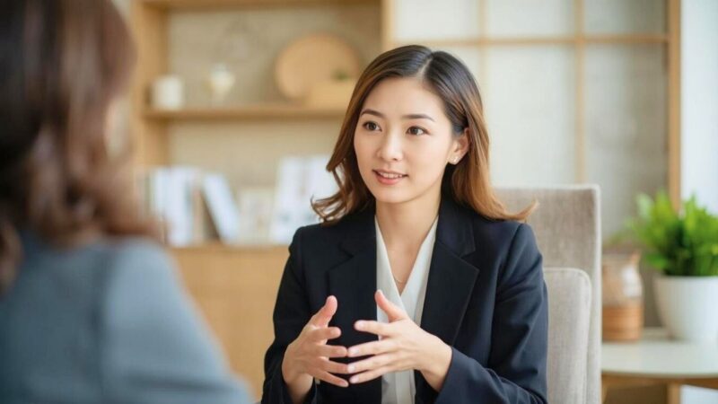 40代・50代婚活女性の恥ずかしい失敗に関するよくある質問に対し、丁寧な回答をする結婚相談所の女性カウンセラー｜新しい自分へ