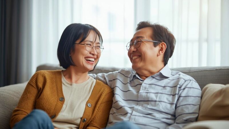 昔の恥ずかしい失敗話を懐かしみながら笑顔で語り合う40代夫婦｜新しい自分へ