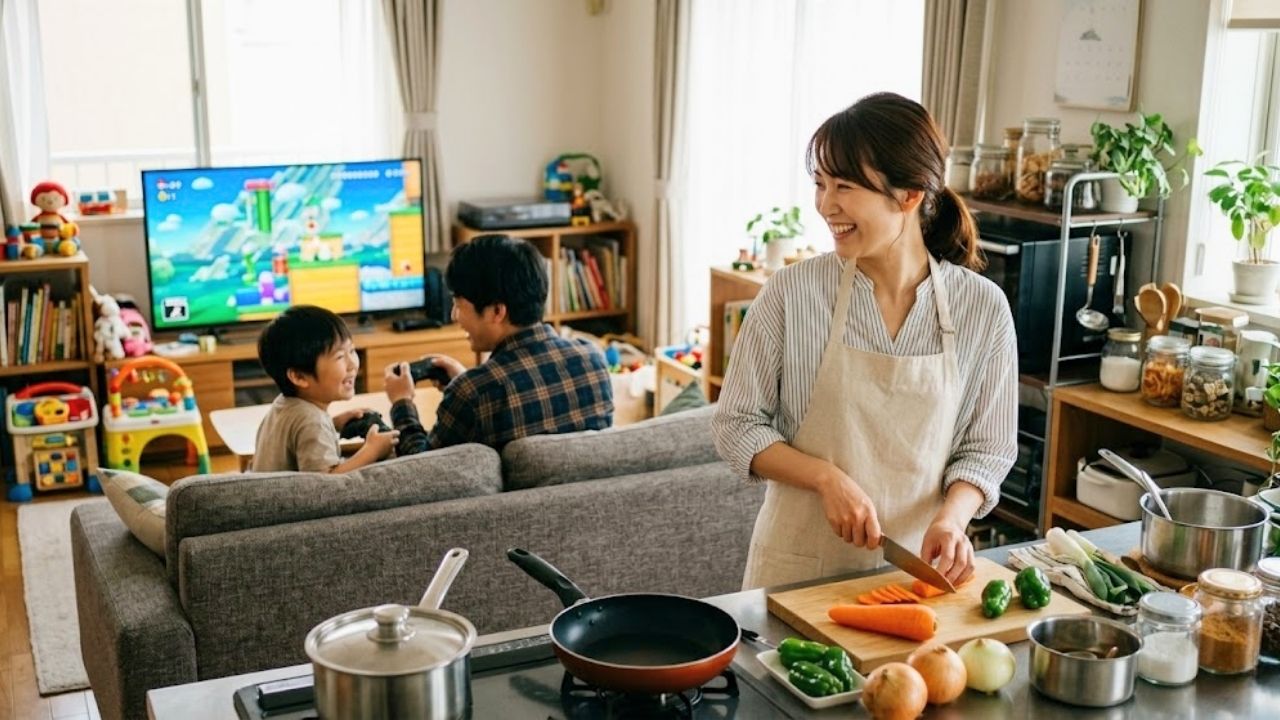 料理をするシングルマザー。後ろでは彼氏と子どもが楽しそうにゲームをしている。