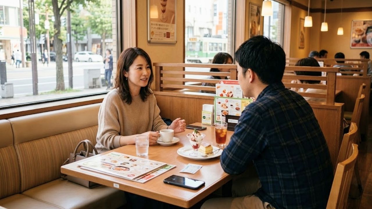 ファミレスで話し合う、シングルマザーとシングルファーザーのカップル。