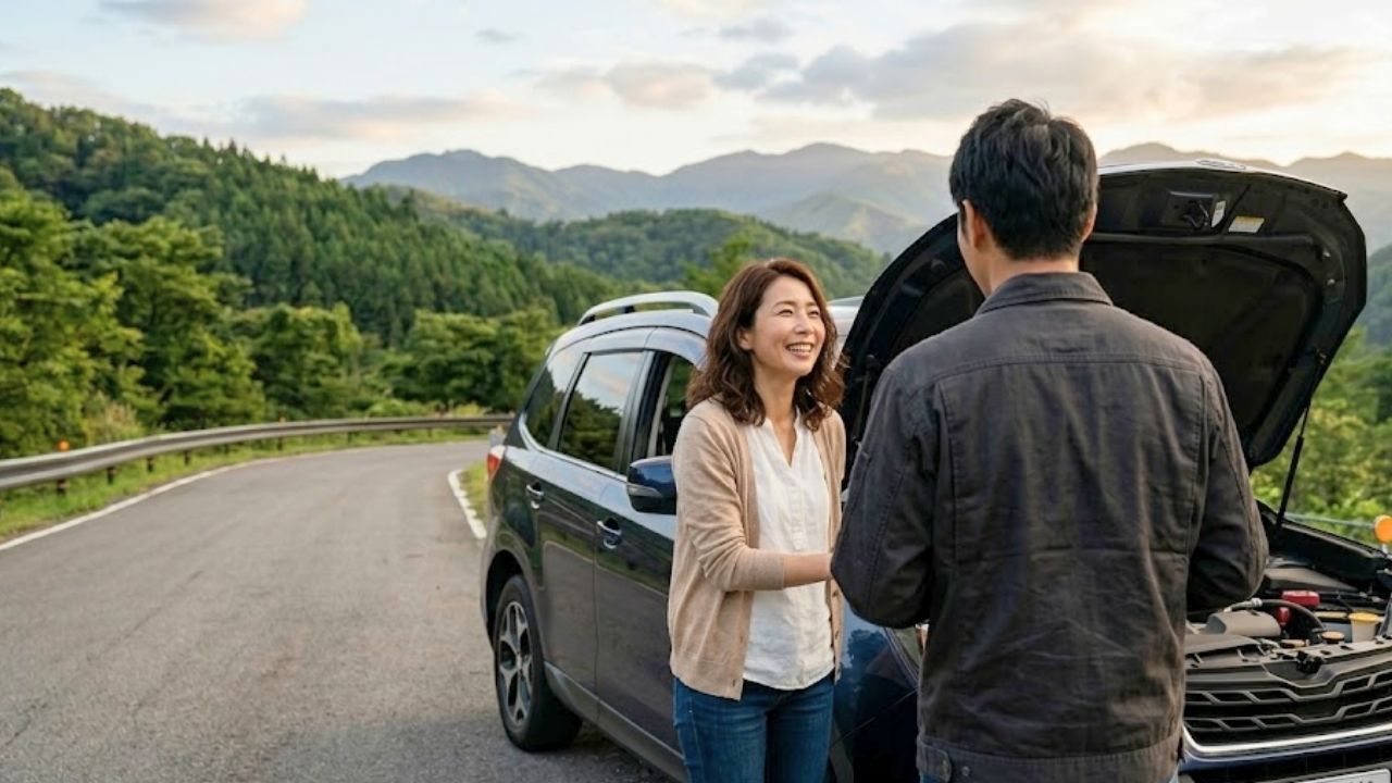 山道でエンストしてしまったシングルマザー。駆けつけた男性を見て安心して笑顔になる。