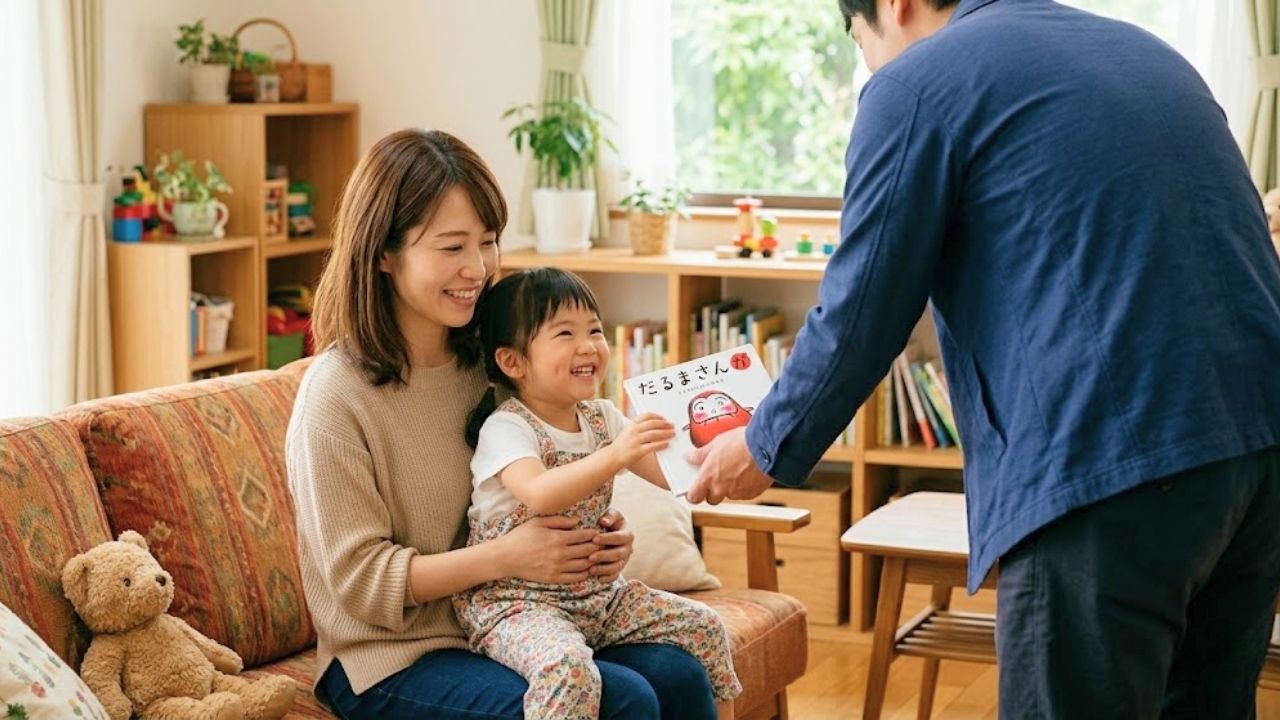 シングルマザーと子ども。男性が子どもに絵本をプレゼントしている。嬉しそうに受け取る女の子。