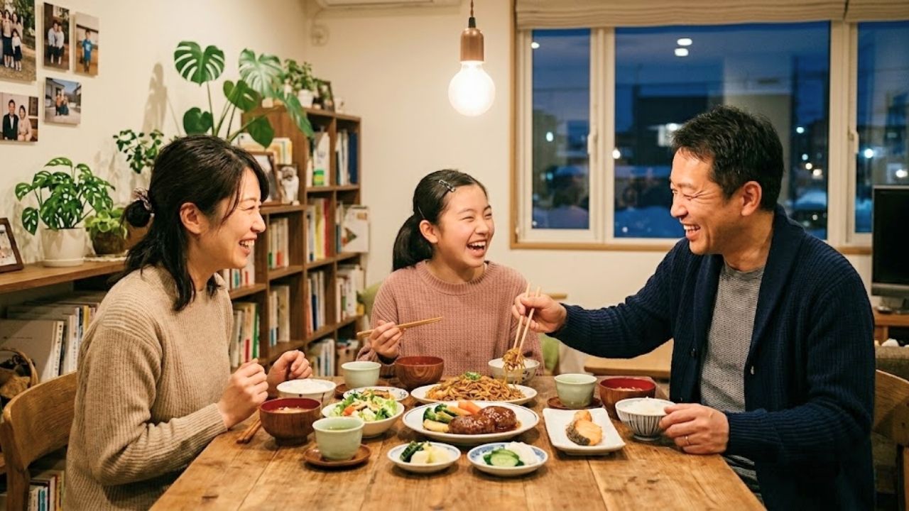 楽しそうに夕食をとる、シングルマザーと彼氏、シングルマザーの娘。