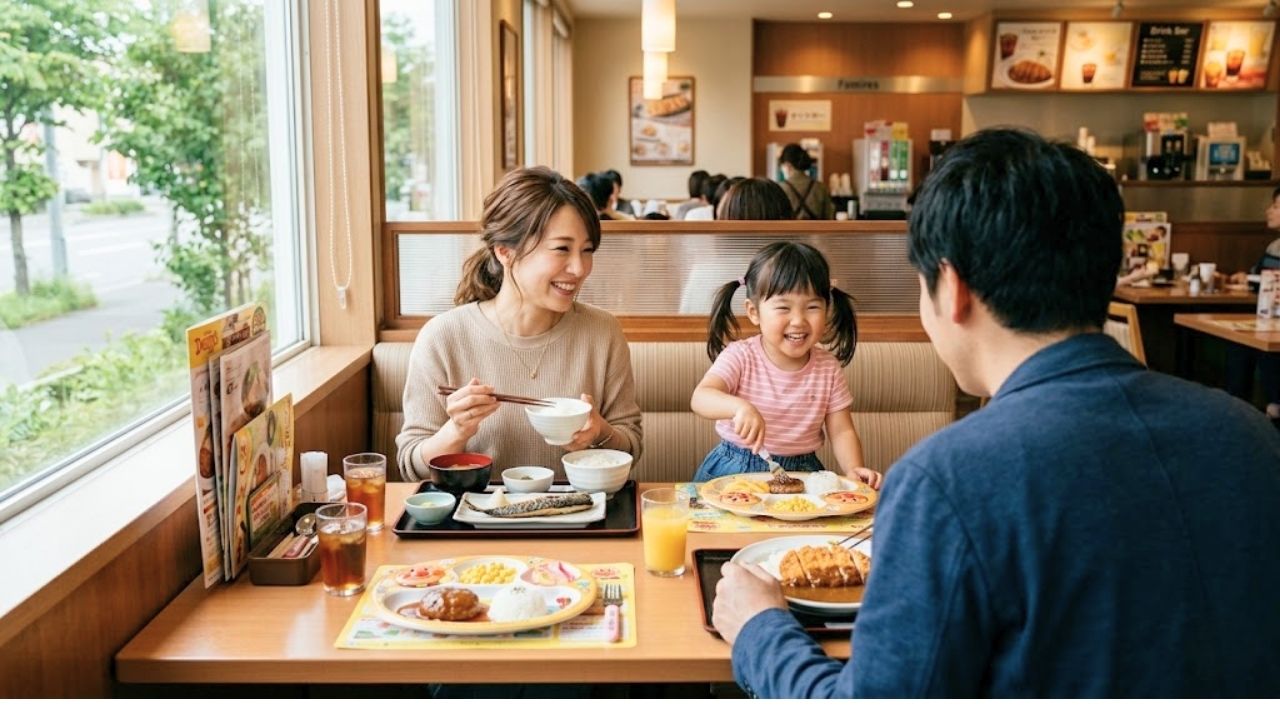ファミレスで楽しそうに食事をするシングルマザーと娘、シングルマザーの彼氏。