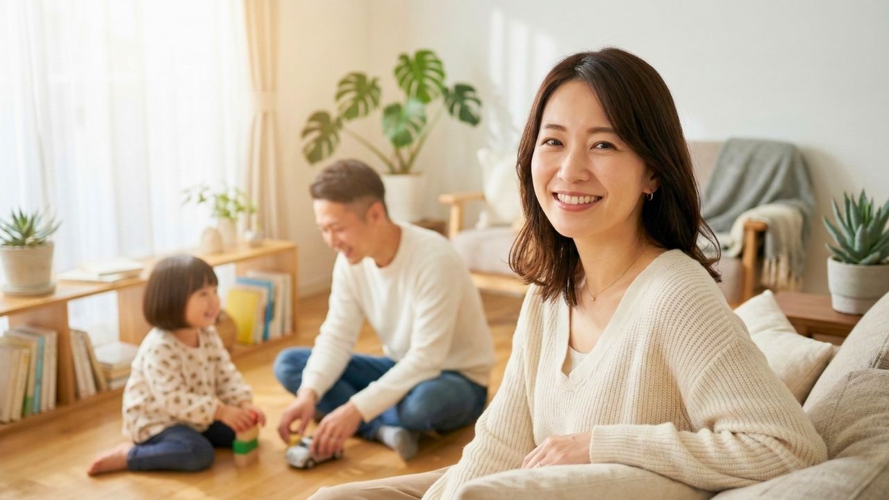 30代のシングルマザーが幸せそうな笑顔を浮かべている。少し離れたその後ろにはシングルマザーのパートナーと子どもが仲良く遊んでいる。