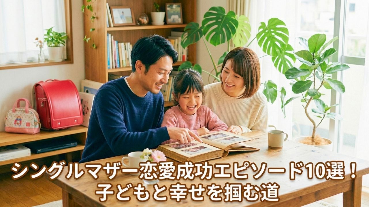 日当たりの良いリビングルームで、30代シングルマザーが穏やかに微笑んで、彼女の8歳の娘と、そして彼女の幼馴染と思われる男性と、木製のテーブルを囲んで古い写真アルバムを一緒に見ている。男性は暖かく安全な笑顔でアルバムの写真を指差しており、娘は楽しそうに笑っている。自然光が彼らの顔を照らし、心地よい安らぎと信頼感を醸し出している。背景には観葉植物や本棚、娘のランドセルが見え、シングルマザーの温かい家庭の雰囲気が伝わってくる。画像下部に、白く大胆で親しみやすい日本語フォントで「シングルマザー恋愛成功エピソード10選！子どもと幸せを掴む道」というテキストが、視認性の高いフチとドロップシャドウ付きで表示されている。