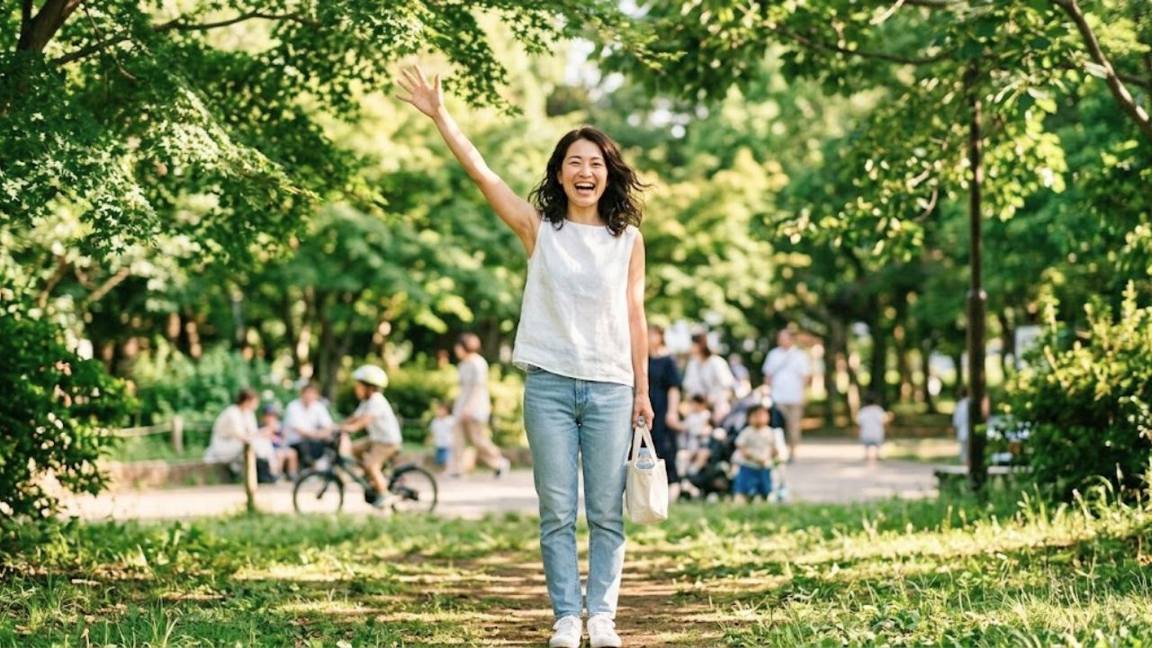 Gemini の回答
【シングルマザーの再婚成功】公園で幸せそうに大きく手を振る女性の笑顔。