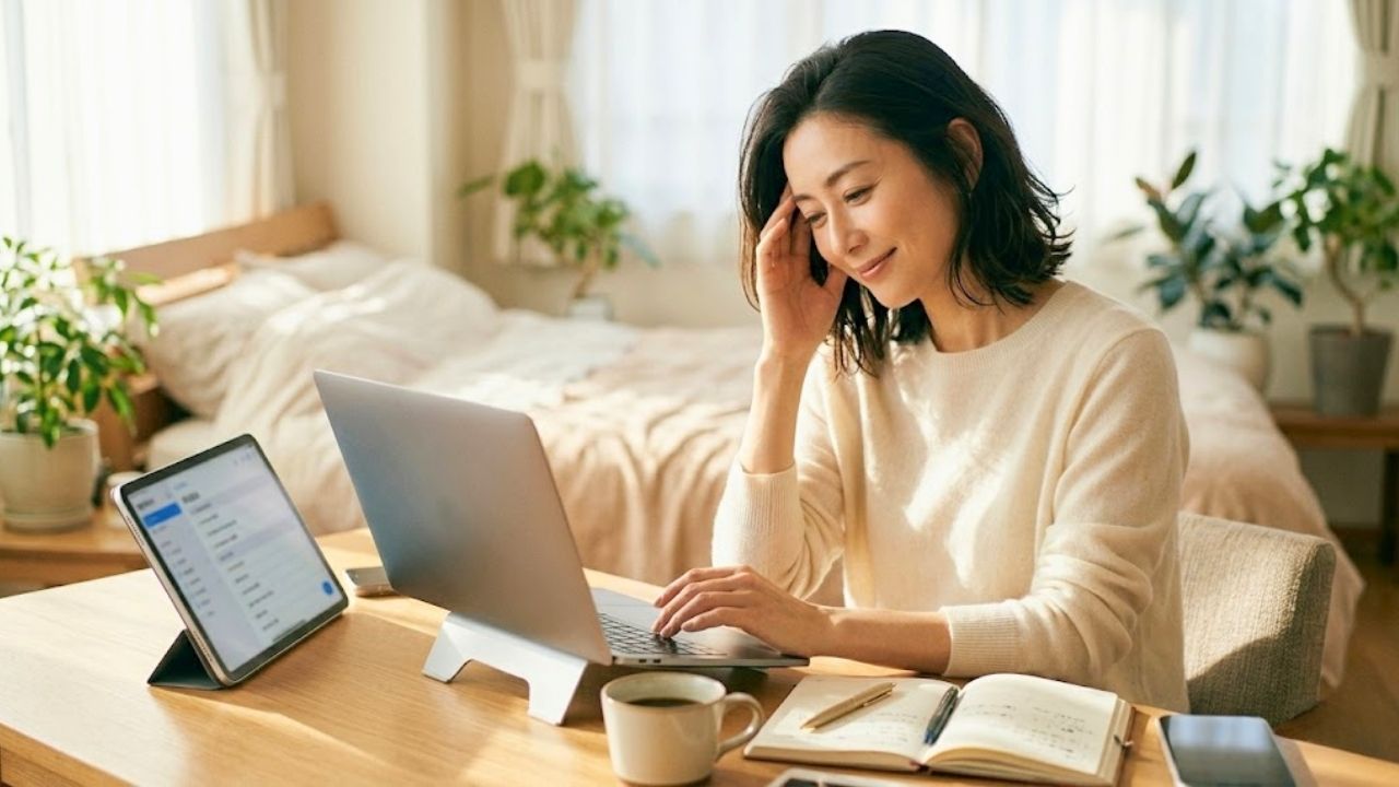 陽の光が降り注ぐ寝室のデスクで、複数のデバイス（特定不可）を見比べ、知的で少し分析的な笑みを浮かべつつ、同時に気だるげで色っぽい表情を見せる、美しい40代のシングルマザーのシーン。仕事と家事に追われる日々の「三重苦」を感じさせる。