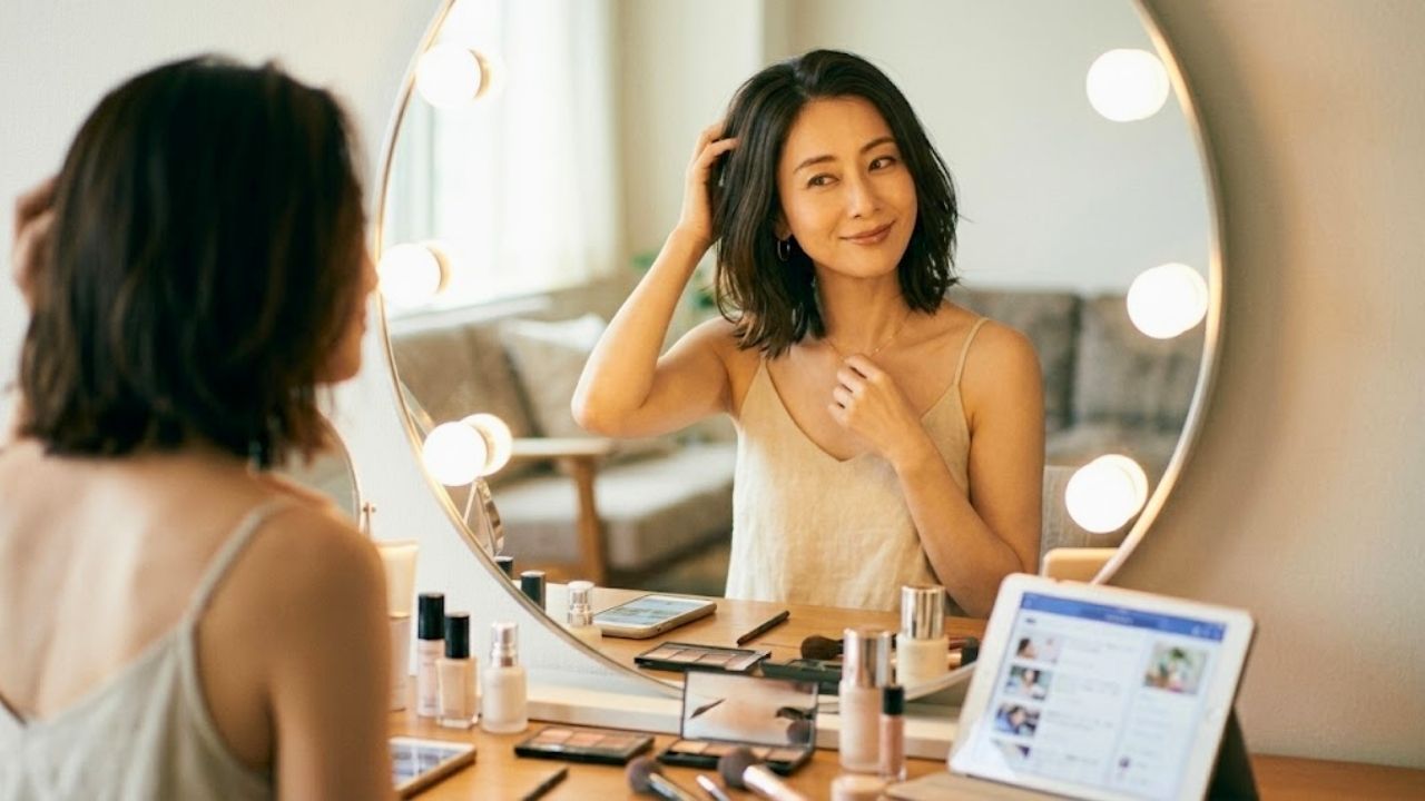 明るい鏡の前で、ノースリーブのキャミソールを着た、気だるげで色っぽい魅力のある40代のシングルマザーが、デコルテを整えながら、知的で自信のある笑顔を鏡の中の自分に向け、その包容力を表現しているシーン。