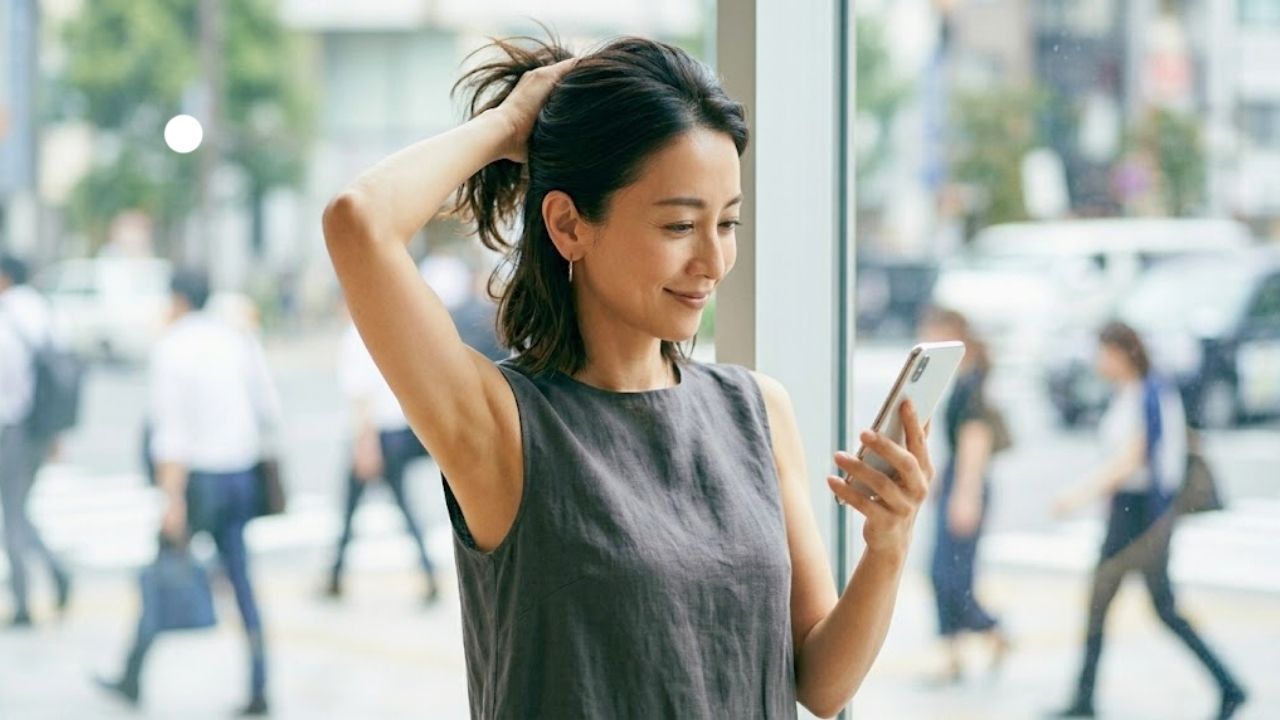 明るいカフェの窓際で、ノースリーブのリネンブラウスを着た、気だるげで色っぽい魅力のある40代のシングルマザーが、スマートフォンを操作しながら、髪をかき上げる仕草できれいなわきの下が自然に見えているシーン。戦略的に出会いのチャンスを最大化している様子を表現。