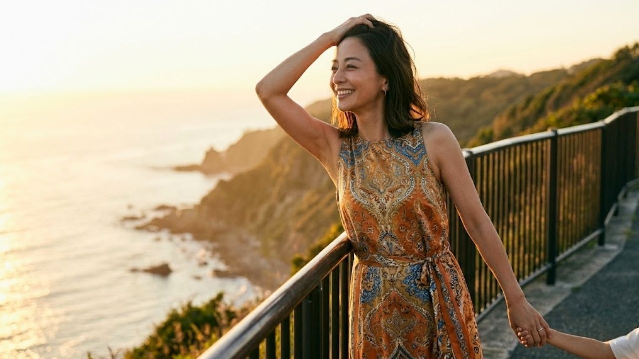 美しい朝焼けを見下ろす丘の上で、ノースリーブのマキシワンピースを着た、気だるげで色っぽい魅力のある40代のシングルマザーが、至福に満ちた穏やかな笑顔で遠くを見つめ、髪をかき上げる仕草できれいなわきの下が自然に見えているシーン。一歩踏み出した結果、手に入れた幸せな未来と安堵感を表現。