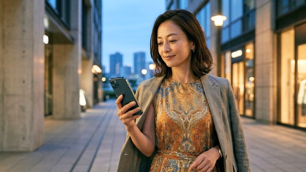 夕暮れの街並りを歩きながら、ノースリーブの上着を着た、気だるげで色っぽい魅力のある40代のシングルマザーが、スマートフォンを見つめ、少しきりっとした表情と満足げな笑みを浮かべているシーン。ヤリモクなどの地雷男を安全に見極め、戦略的に行動している様子を表現。