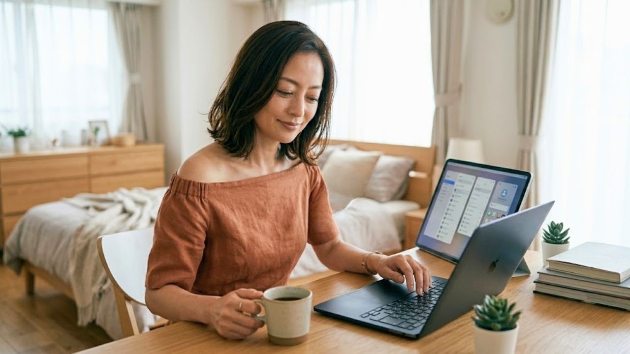 陽の光が降り注ぐ寝室で、オフショルダーのリネンブラウスを着た、気だるげで色っぽい魅力のある40代のシングルマザーが、複数のデバイス（特定不可）を戦略的に使いこなし、焦らず自分のペースで出会いのチャンスを最大化している様子を表現。