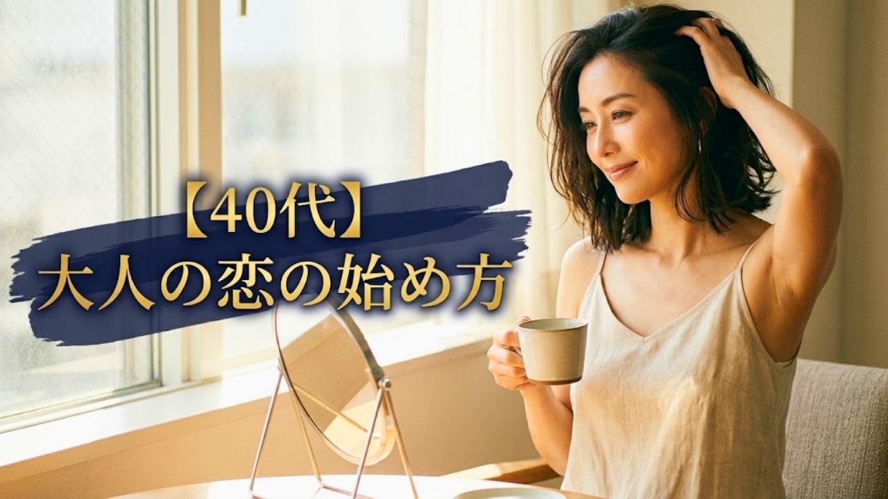 午後の陽の光が降り注ぐカフェの窓際で、ノースリーブのリネンワンピースを着た、気だるげで色っぽい魅力のある40代のシングルマザーが、鏡に映る自分に自信と至福に満ちた笑顔を向け、その包容力を表現しているシーン。髪をかき上げる仕草で、きれいなわきの下が自然に見えている。画像上部の目立たない位置には、上品なダークネイビーの帯の上に、上品なゴールド系のフォントで「【40代】大人の恋の始め方」という要点のみのテキストが、まるで雑誌の表紙のように視認性高く配置されている。