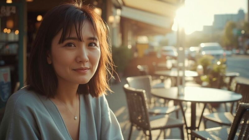 カフェでデート中の包容力、母としての強さを感じられる40代のシングルマザー