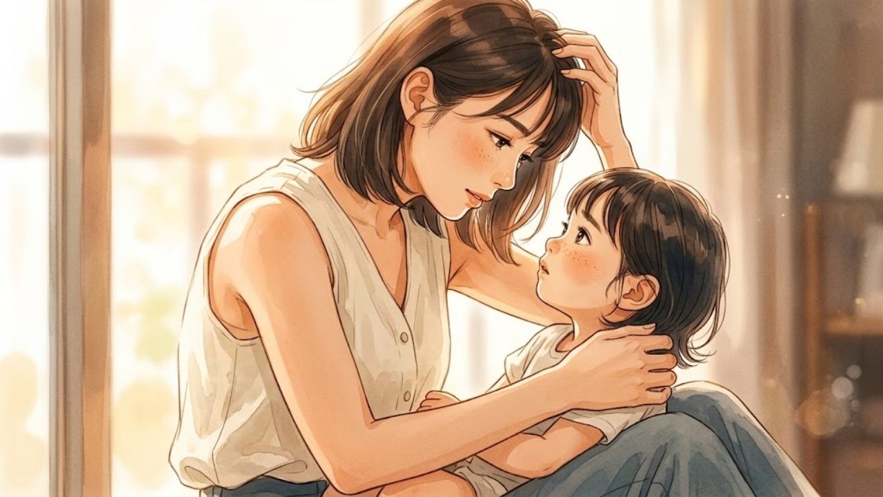 暖かく柔らかな光に包まれた、水彩画のような優しいタッチのイラスト。ノースリーブを着た20代の美しいシングルマザーが、膝の上の幼い子どもと真っ直ぐに目線を合わせ、愛情深く見つめ合っているシーン。子どもの不安で複雑な気持ちを優しく受け止め、安心させる「心の橋渡し」をしている温かい親子の絆を表現している。