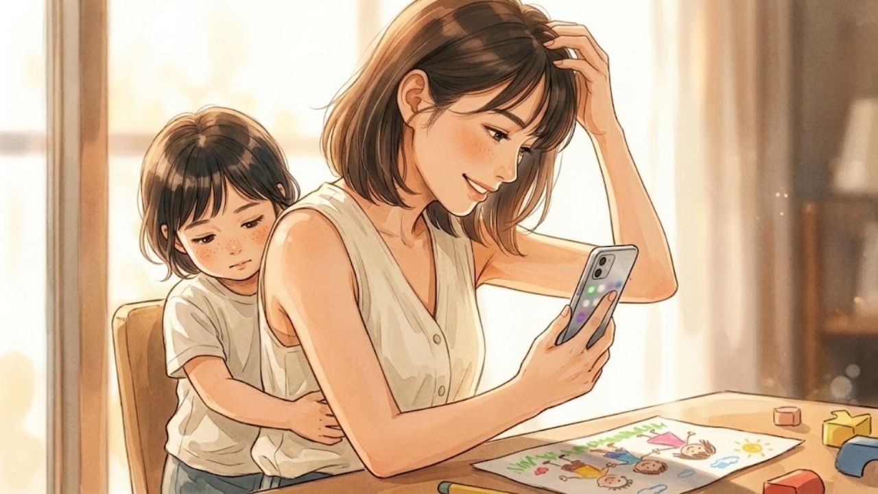 暖かく柔らかな光が差し込むリビングで、ノースリーブのキャミソールを着た健康的で美しい20代のシングルマザーが、膝の上のスマートフォンを見つめ、髪をかき上げる仕草できれいなわきの下が自然に見えているシーン。彼女は良かれと思って次のデートの約束をしているが、すぐ隣にいる幼い子どもは、膝を抱えて視線をそらし、ignored（無視された）な絵を見つめている。母親と子どもの視線がすれ違い、心が閉ざされている様子が表現されている。