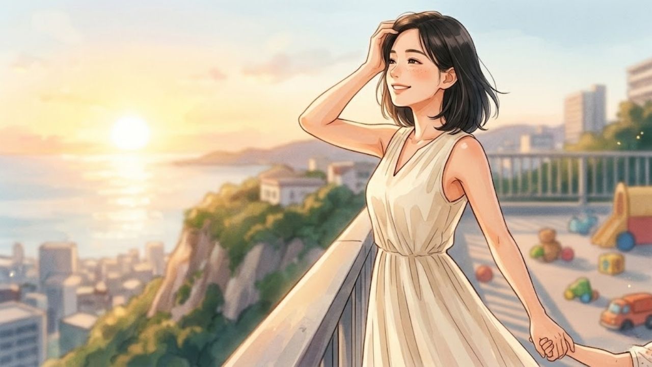 夕日を背景にしたバルコニーで、笑顔で子どもの手を握る白いワンピースのシングルマザーのイラスト。