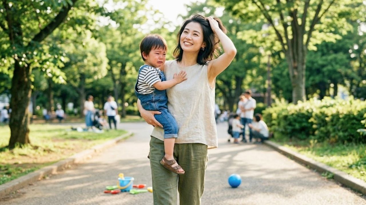 陽の光が降り注ぐ明るい公園で、ノースリーブのリネンブラウスを着た健康的で美しい20代のシングルマザーが、泣きじゃくる幼い子ども（3歳頃）を抱きかかえ、困惑しつつもResilient（しなやか）で empathetic（共感的）な笑顔を向けているシーン。髪をかき上げる仕草できれいなわきの下が自然に見えている。焦らずチーム家族を目指す、希望ある未来を表現。