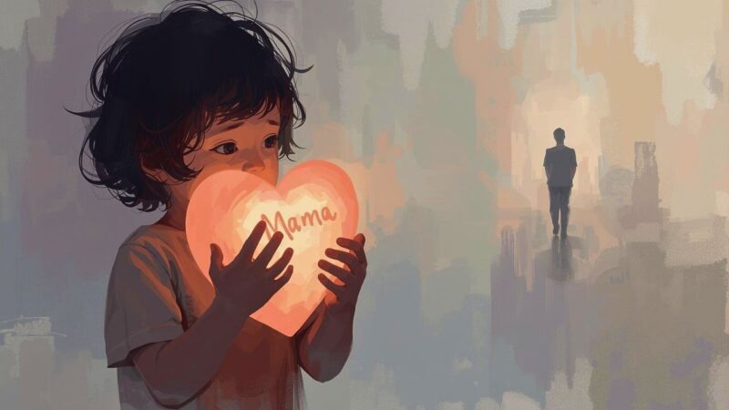 ママの愛(ハート)にしがみつき、彼氏の影に不安を感じる子どもの心のイメージ。