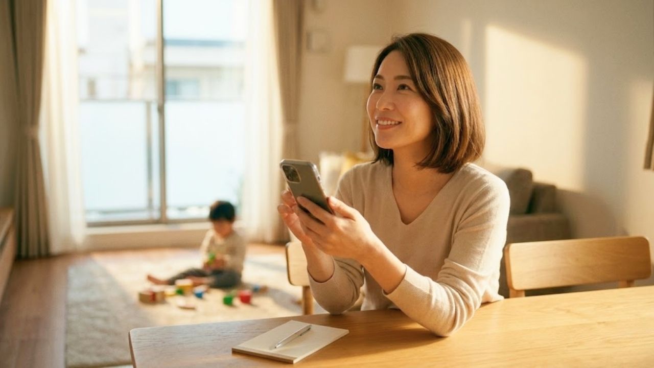 日当たりの良いリビングルームで30代シングルマザーが穏やかに微笑んでスマートフォンを両手で持ち、画面を真剣に見ている。彼女の表情は、これから送るメッセージ（例文）を賢く選んでいる様子を表現しており、自信に満ちている。デスクの上には、コピペ元の例文が書かれたメモ用紙とペンがあり、彼女がプロフィールに合わせてアレンジしようとしていることがわかる。背景には、彼女の娘が近くのカーペットで遊んでいる様子がボケて写り、彼女の「シンママ」としての日常と婚活のバランスを表現している。自然光が彼女を照らし、洗練されたプロフェッショナルなブログ写真のスタイル。