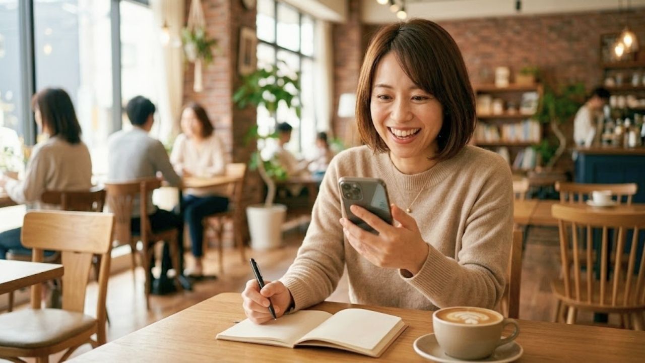 日当たりの良いカフェで、30代シングルマザーが、スマホを手に取りながら「名案を思いついた」ような明るい表情で微笑んでいるシーン。テーブルの上にはカフェラテとペン、小さなノートが置かれ、彼女が知的にコミュニケーションを楽しもうとしている前向きな姿勢を表現している。