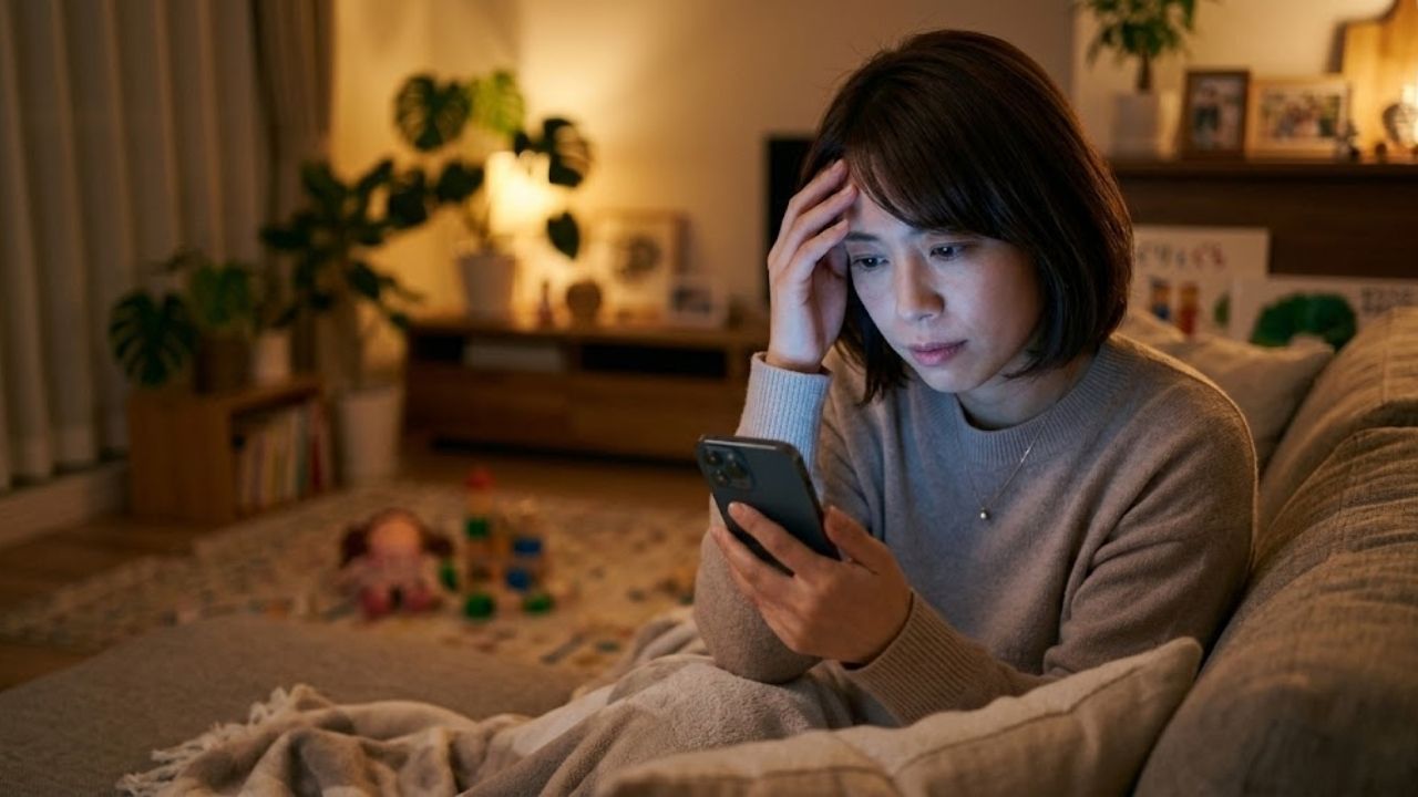 夜の落ち着いたリビングで、30代のシングルマザーがソファに座り、スマートフォンの画面を見ながら少し困ったような、あるいは後悔しているような表情を浮かべているシーン。無意識に送ってしまいがちなメッセージへの不安や、過去の失敗を振り返る内省的な瞬間を、しっとりとした夜のライティングで表現している。