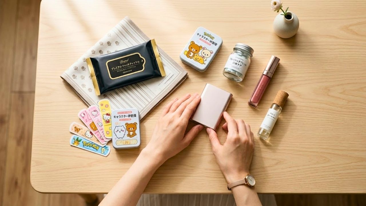 明るいカフェの木製テーブルの上に、シングルマザーの手が、厳選された「神アイテム」7つ（薄手の布ハンカチ、オシャレなウェットティッシュ、絆創膏、口臭ケアタブレット、色付きリップ、香りのロールオン、小型モバイルバッテリー）を丁寧に並べているシーン。限られたバッグのスペースに、男性をドキッとさせる気遣いと自分自身の安心のためのアイテムが完璧に揃った様子を表現している。