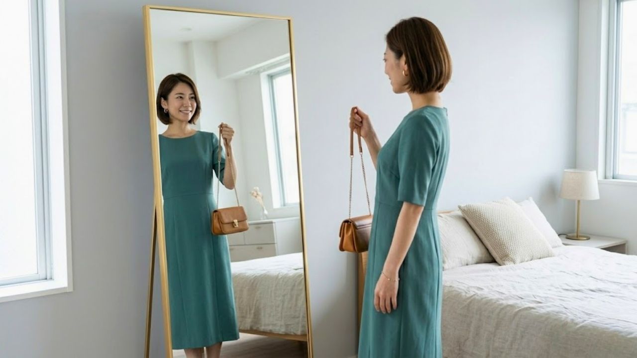 明るく上品な寝室の姿見の前で、デート用の服装に身を包んだシングルマザーが、小ぶりなレザーのショルダーバッグを手に持ち、「これでいこう！」と決めたような、晴れやかで安堵した笑顔を浮かべているシーン。生活感のあるマザーズバッグから卒業し、一人の女性としての小さなバッグを選んだ瞬間を表現している。