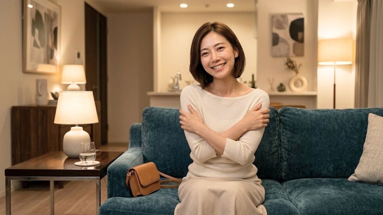 夜、心地よく整えられた室内で、サマーニット姿のシングルマザーが、デートを終えて帰宅し、ソファで自分自身を抱きしめながら、満たされたような、艶っぽい笑顔を浮かべているシーン。お母さんの役割を一度横に置き、一人の女性として愛され、ときめきを存分に味わった幸福感を表現している。テーブルの上には小さなショルダーバッグが置かれている。