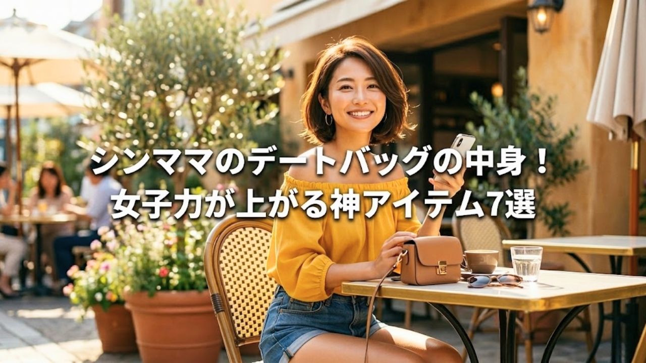 陽の光が降り注ぐカフェのテラス席で、オフショルダーのブラウスを着たシングルマザーが、スマートフォンを手に持ち、希望に満ちた自信のある笑顔を浮かべているアイキャッチ画像。一人の女性としてデートを楽しむ、身軽で魅力的な姿を表現している。画像中央には白く太いフォントで「シンママのデートバッグの中身！女子力が上がる神アイテム7選」というタイトルテキストが視認性高く配置されている。