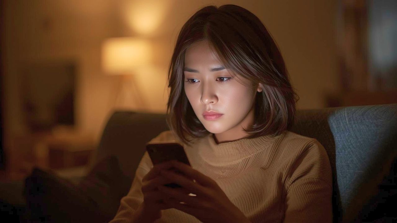 リビングのソファに座る美しい30代のシングルマザーが、スマートフォンの画面を少し険しい、注意深い表情で見つめている。相手のメッセージから「地雷サイン」や違和感を察知し、冷静に分析している賢い女性の姿。