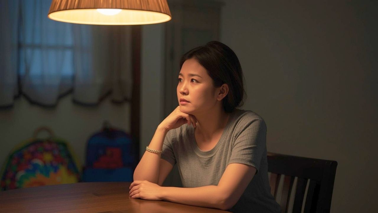 夜、温かい照明の下でダイニングテーブルに座る30代のシングルマザー。少し疲れた様子を見せつつも、凛とした強さを保ちながら物思いに耽っている。背景には子どものおもちゃやランドセルがぼんやりと写り、ヤリモクが付け込もうとする「忙しく孤独な環境」と、それに負けない母親としての強さを対比して表現している。