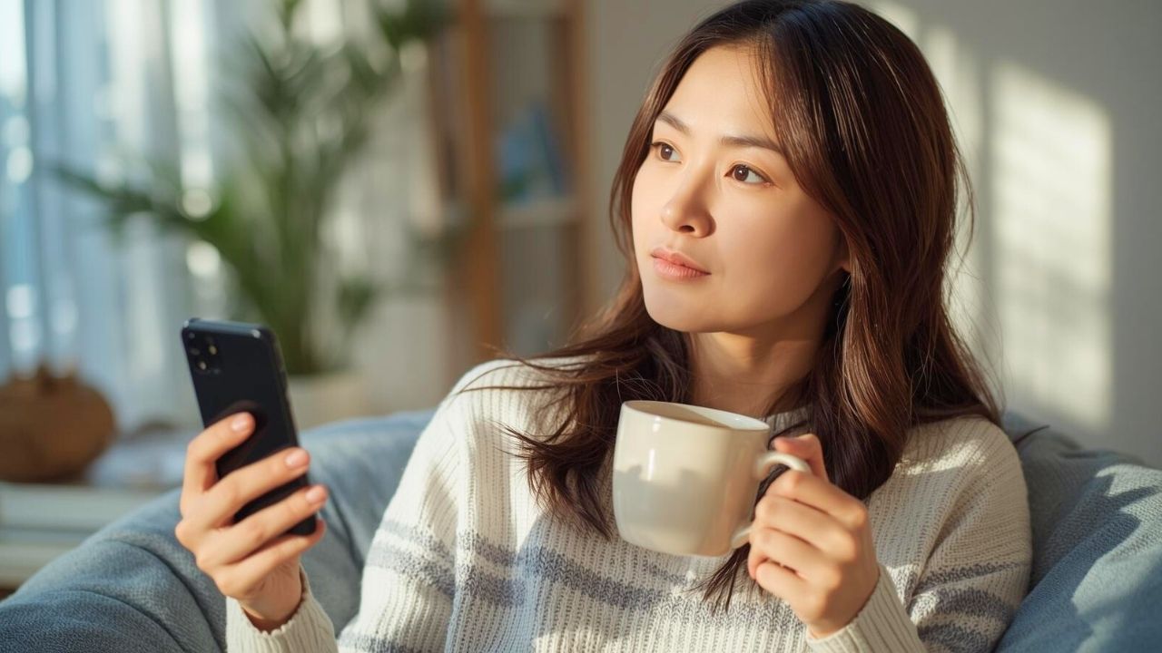 休日の明るい部屋で、マグカップを片手に持ちながらスマートフォンの画面をじっくりと見つめる30代の日本人シングルマザー。相手が本当に誠実な男性かどうかを見極めるため、冷静に考え、核心を突く質問を投げかけようとしている知的な表情を捉えた写真。