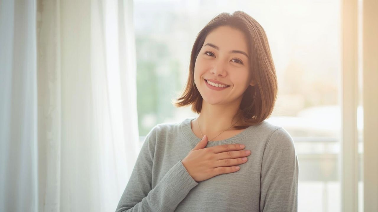 柔らかな自然光が差し込む部屋で、30代の日本人シングルマザーが胸にそっと手を当て、安心したような温かい笑顔を浮かべている。自分自身の「直感」を信じることの大切さと、危険を回避して安全な婚活の第一歩を踏み出した希望と心の平穏を表現した写真。