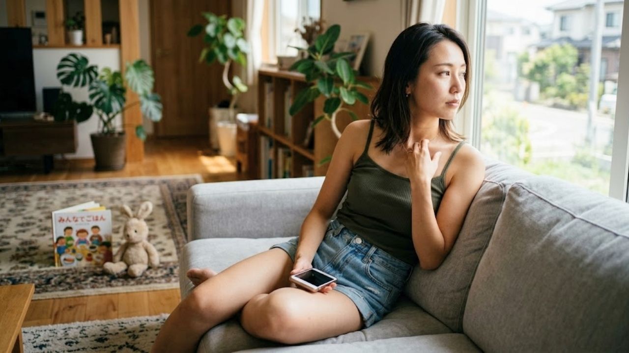 日当たりの良いリビングで、キャミソール姿のシングルマザーがスマートフォンを手に持ち、少し物思いに耽ったような切ない表情を浮かべている。背景には子どものおもちゃがぼんやりと写り、彼女の内なる葛藤を表現している。