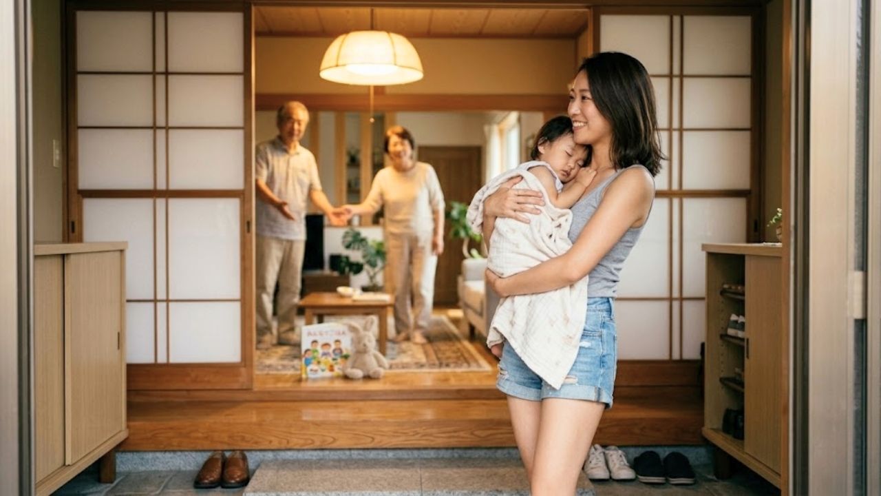 実家の玄関で、タンクトップ姿のシングルマザーが、眠っている子どもを抱きかかえながら、奥の部屋で出迎えてくれる両親（ぼんやりと写る）を信頼と安らぎに満ちた笑顔で見つめている。安心できる預け先と、そこでの休息を表現している。