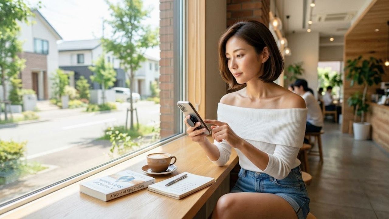 日当たりの良いカフェの窓際で、オフショルダーのニットとショートパンツ姿のシングルマザーが、テーブルの上のメモ帳やスマートフォンを見つめながら、賢く自信に満ちた表情を浮かべている。初デートのルールをしっかり守る準備の良さを表現した写真。