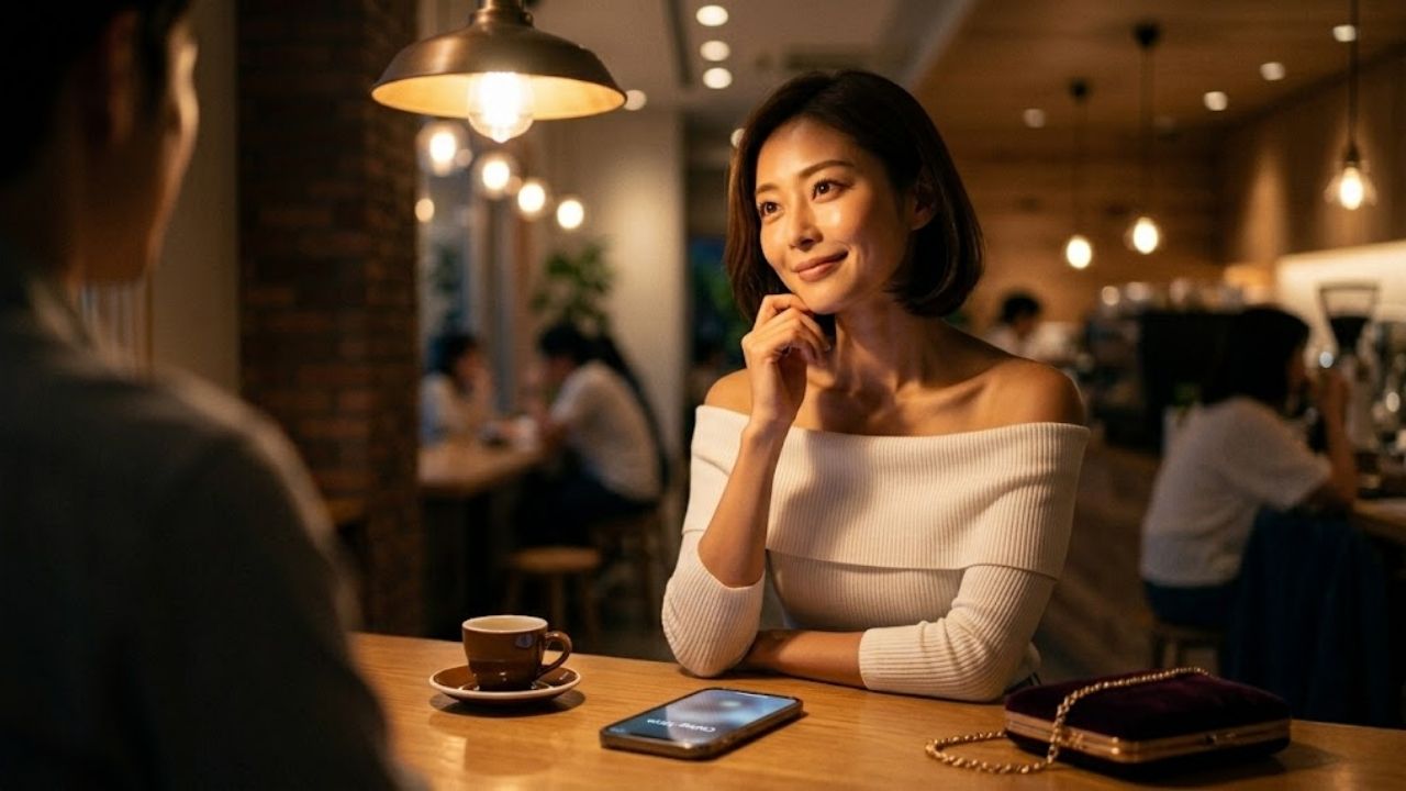 落ち着いた雰囲気のカフェで、シングルマザーが首元に優しく手を添え、相手に甘えるような魅力的な上目遣いを見せている。テーブルには家からの通知が光るスマートフォンが置かれ、女性としての隙と母親としての顔のギャップを表現している写真。