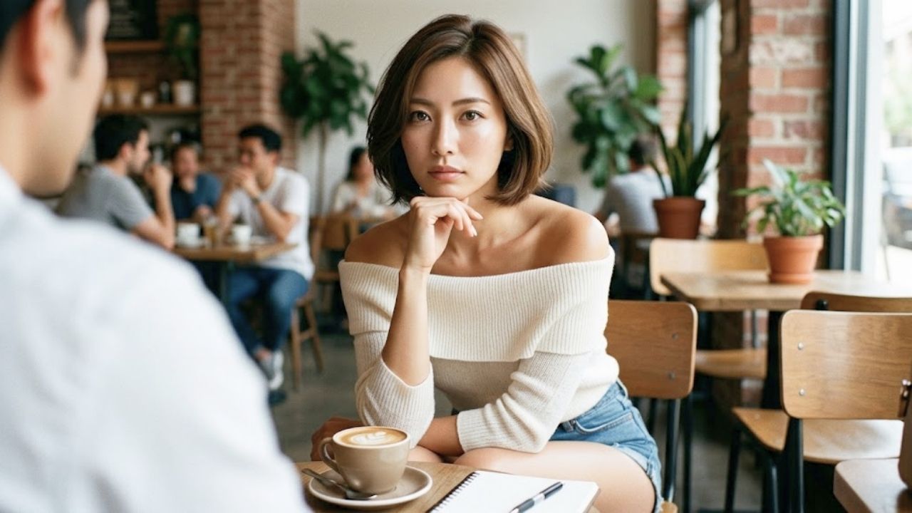 カフェの席で、シングルマザーが少し首を傾げながら、目の前の相手の言葉や行動を注意深く、かつ冷静に見極めようとしている知的な表情を捉えた写真。